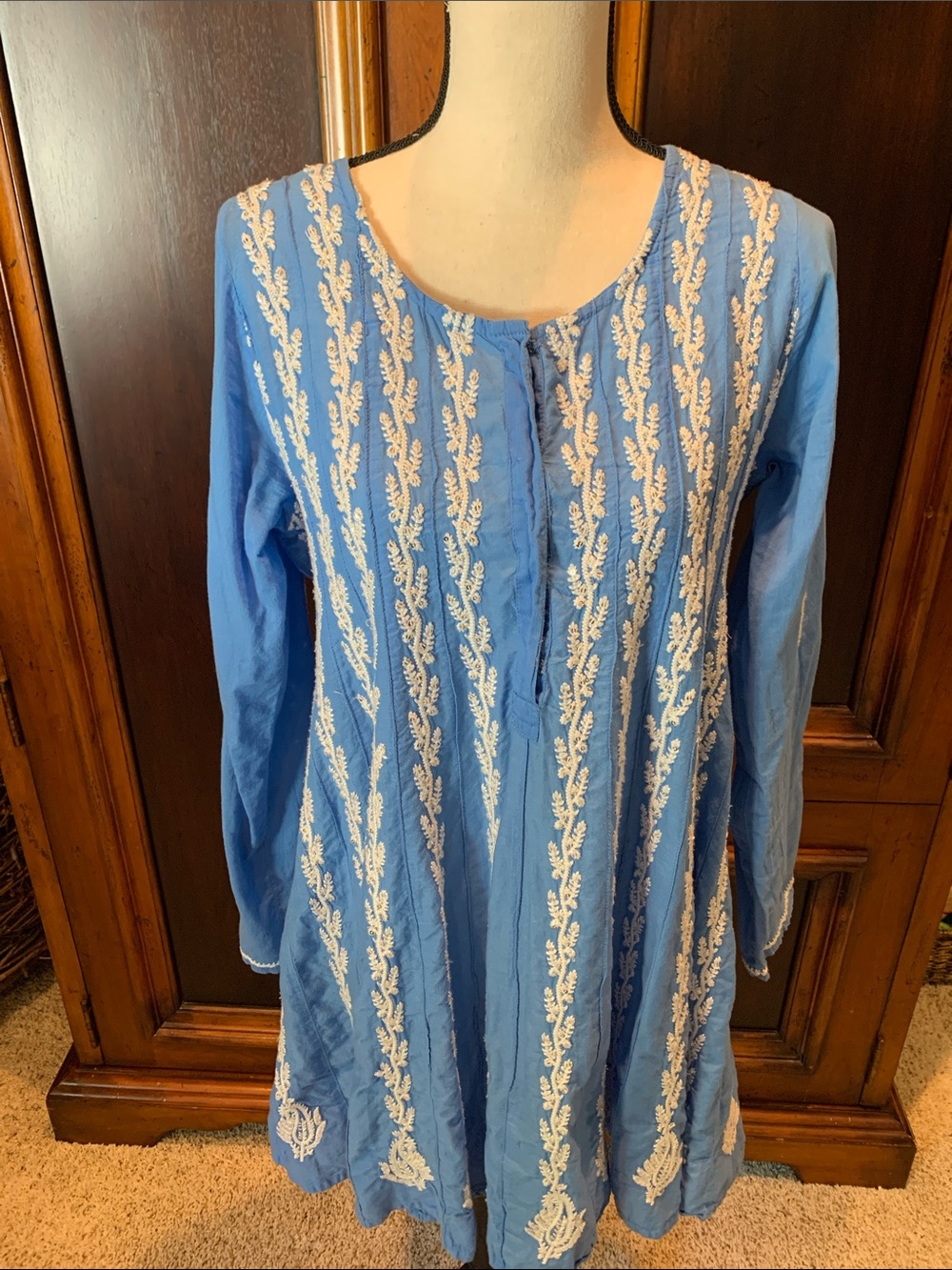 Soft Surroundings Sky Blue Embroidered Long Sleeve Tunic with silver sequins